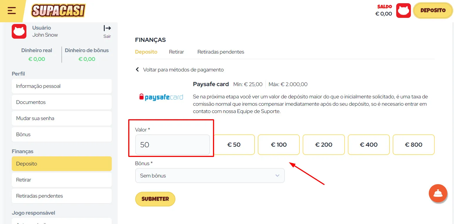 Depósito Paysafecard - passo 4